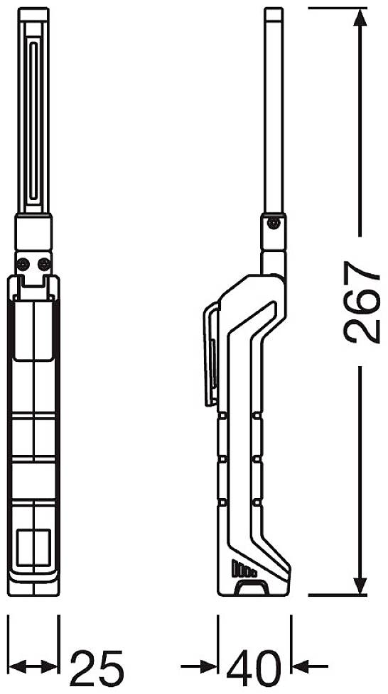Sidovy av en smal, rektangulär enhet med teleskopantenn och mått: 267 mm höjd, 25 mm bredd, 40 mm djup.