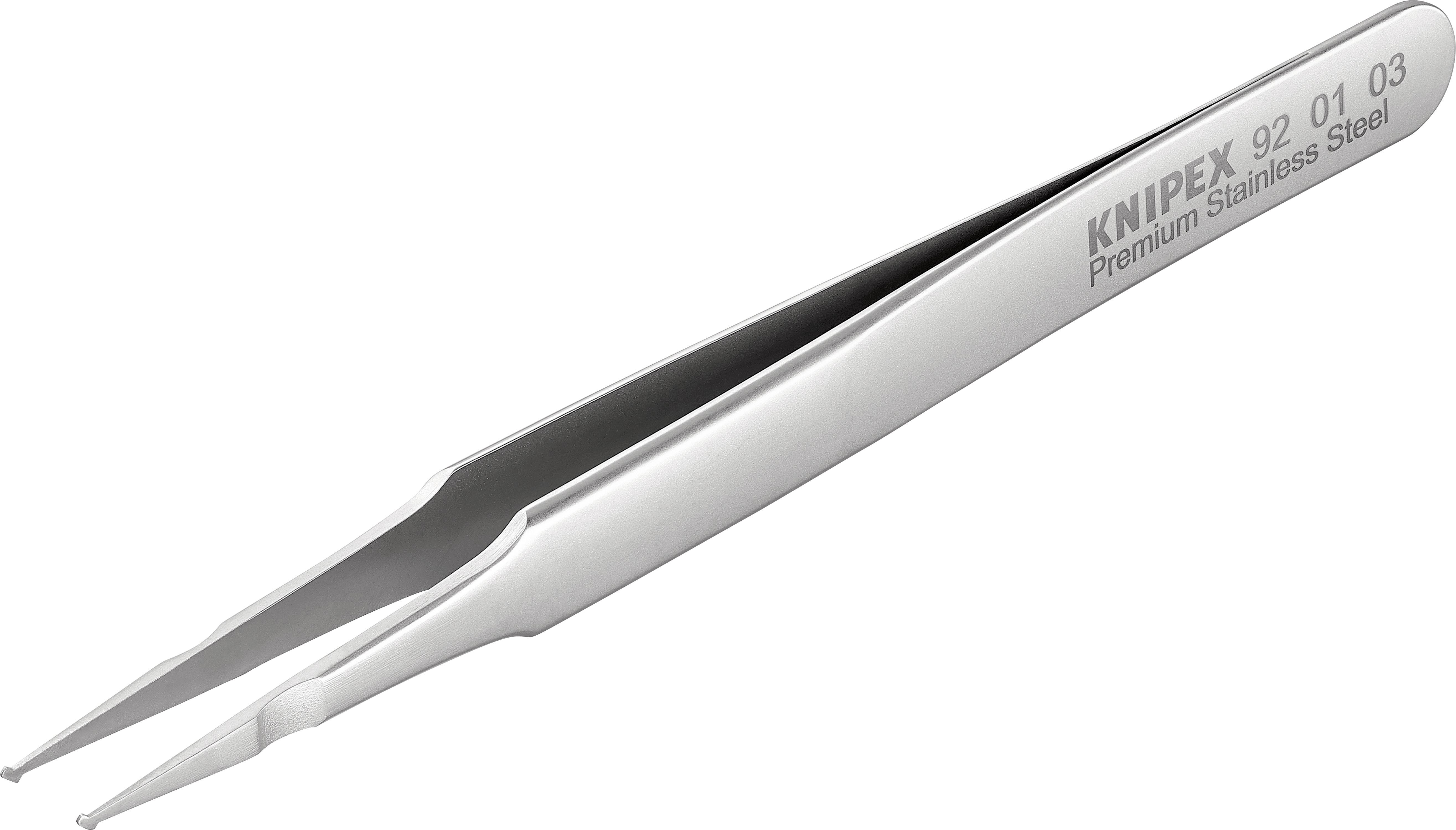 En rostfri pincett med texten 'KNIPEX Premium Stainless Steel', lämplig för precist gripande av små föremål.