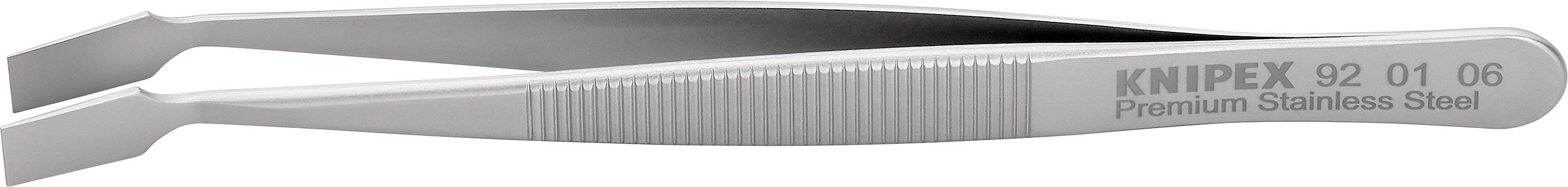 En rostfri pincett med texten 'KNIPEX 92 01 06 Premium Stainless Steel'. Lämplig för precisionsarbeten.