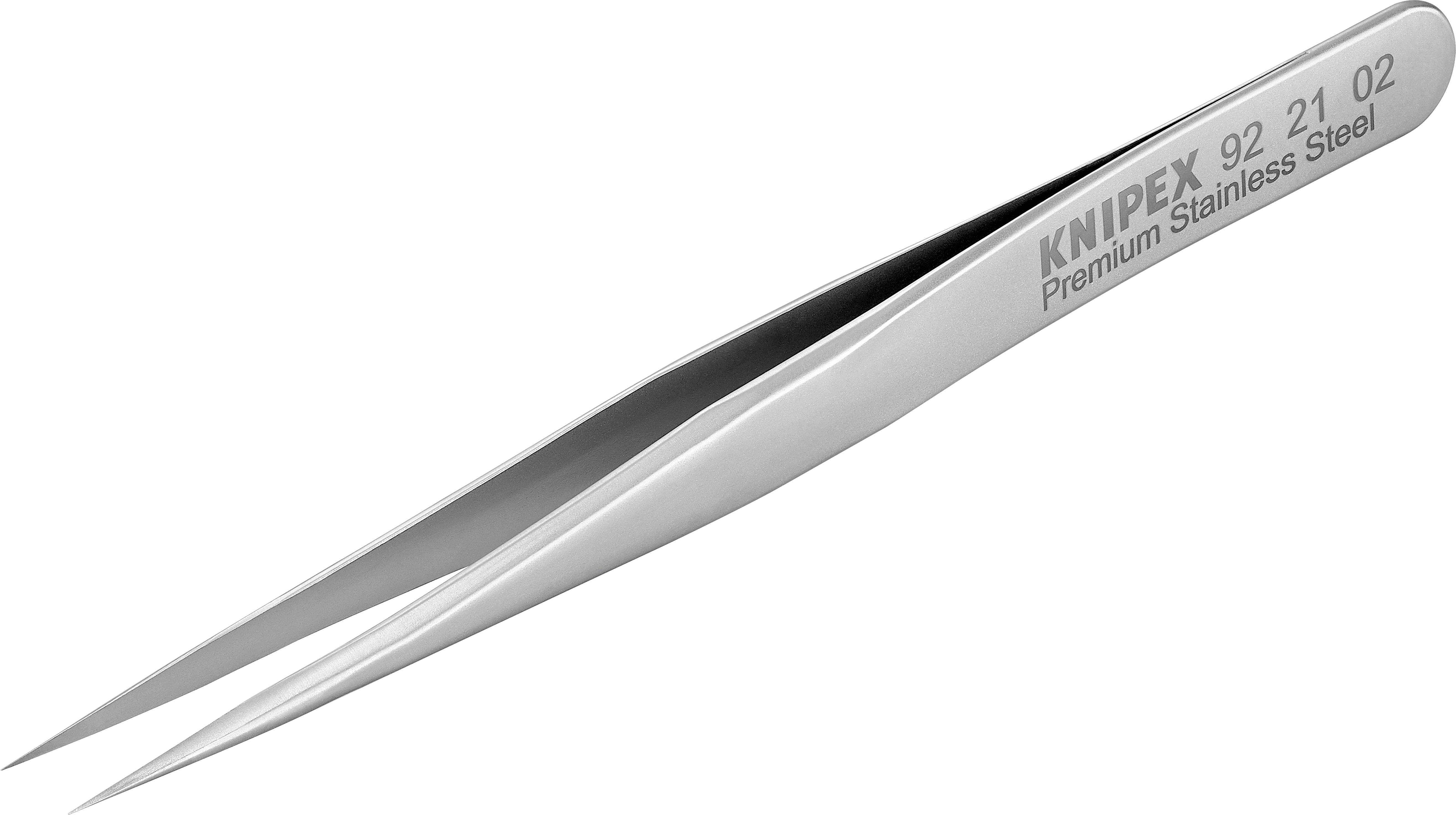 Silverfärgad rostfri pincett med lång, spetsig spets. Text 'Knipex Premium Stainless Steel' på handtaget.