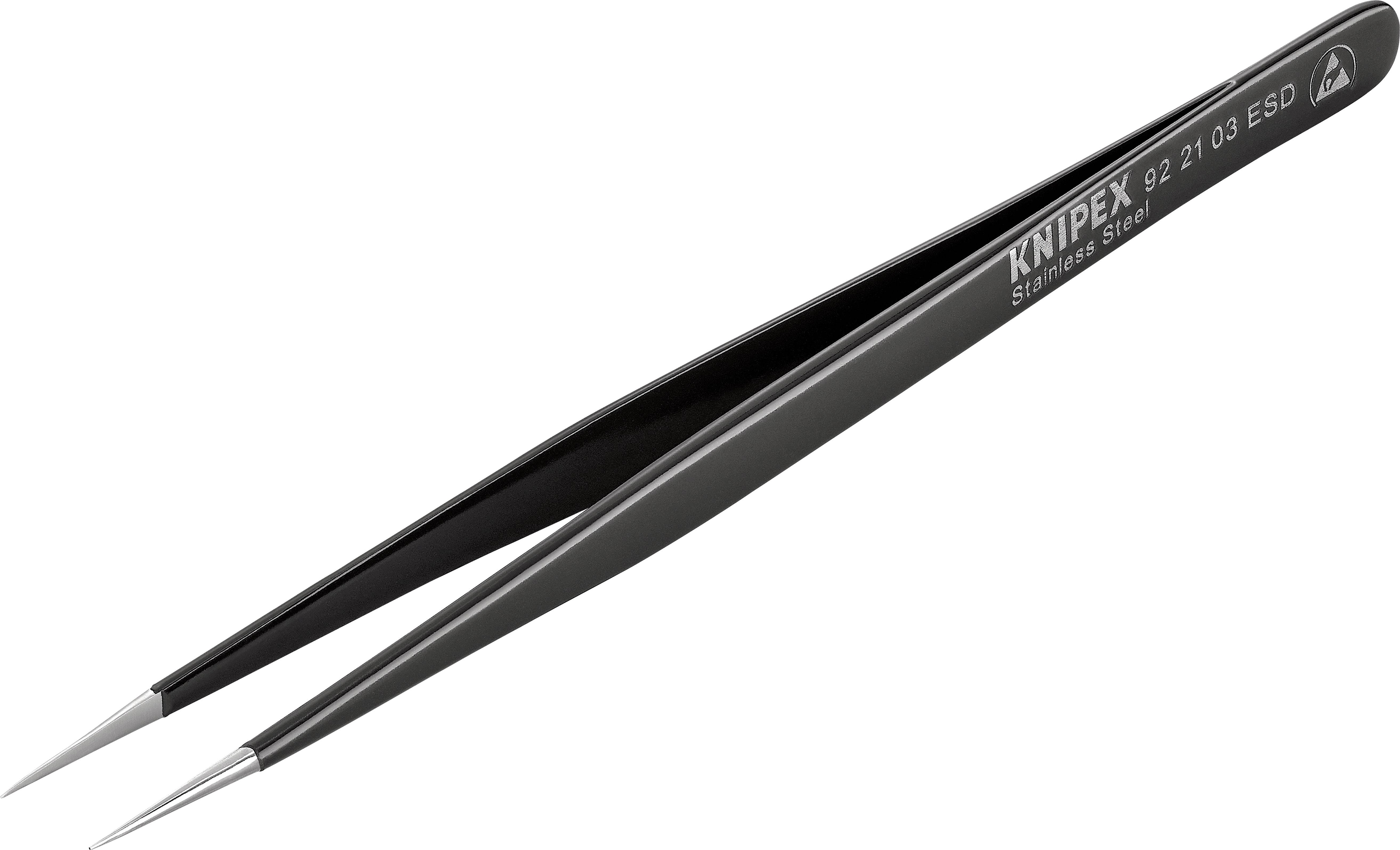 En svart precisionspincett från märket KNIPEX, modell 92 21 03 ESD, med fina, spetsiga ändar av rostfritt stål för känsliga arbeten.