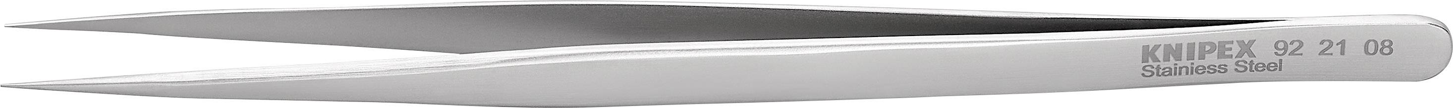 Metallpincett av rostfritt stål med fin spets och texten 'KNIPEX 92 21 08 Stainless Steel' på sidan.