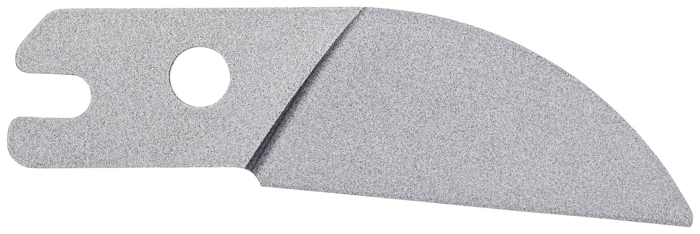 Ett silverfärgat, halvmånformat verktyg med ett hål och en gaffel, som skulle kunna fungera som reservdel eller tillbehör.