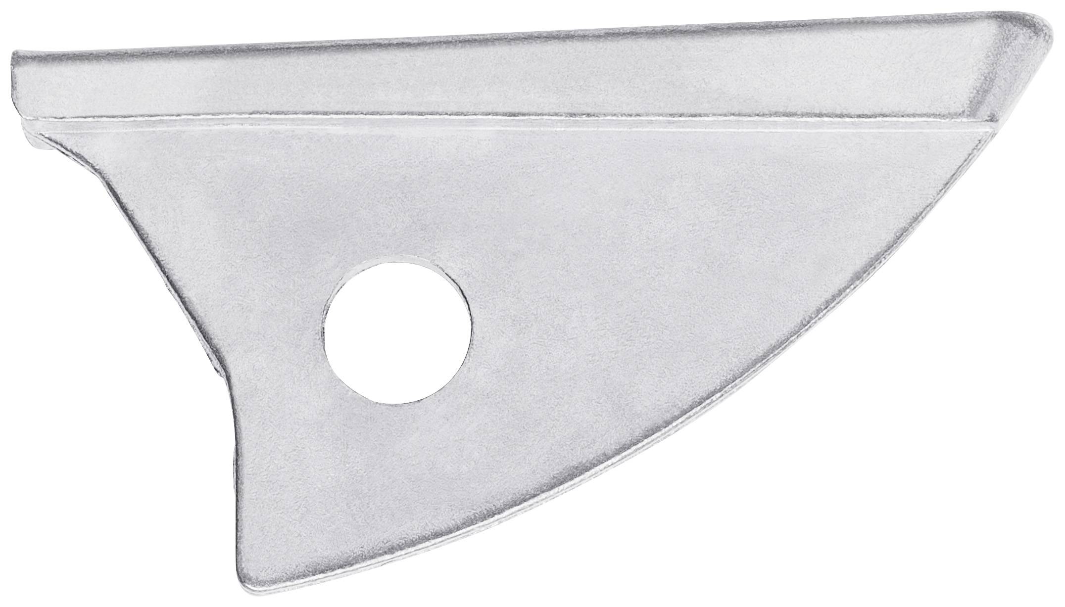 En silverfärgad, triangulär metallbit med ett hål i mitten, sannolikt en del av ett verktyg eller en maskin.