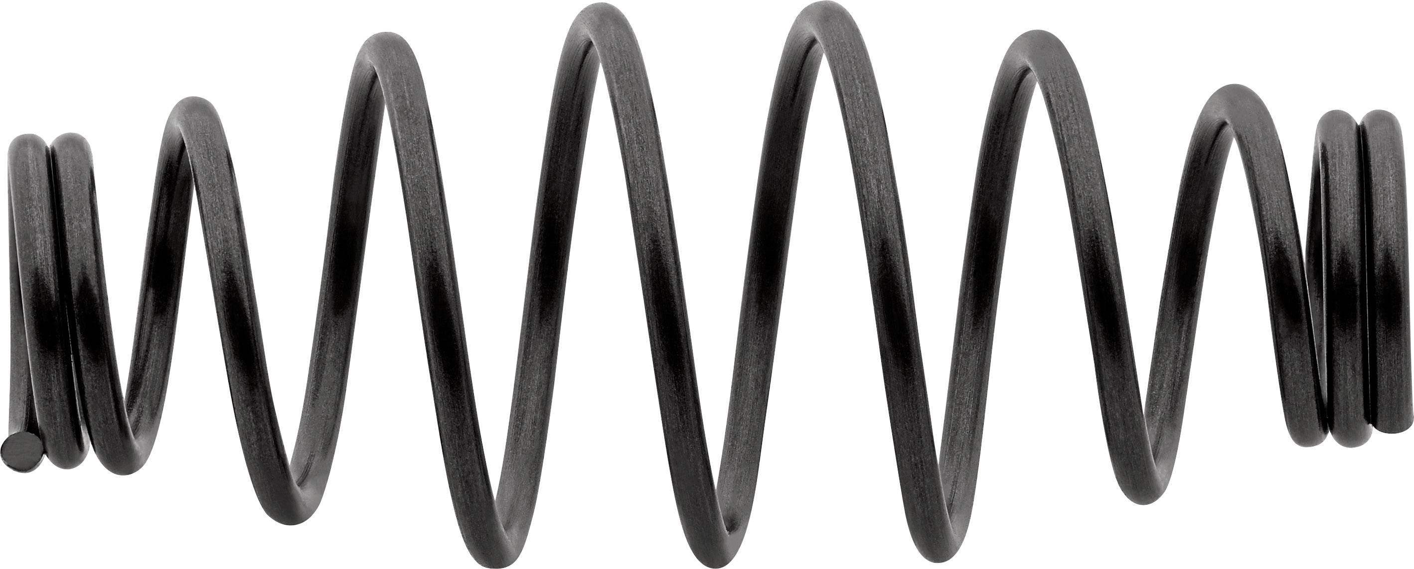 En svart spiralformad fjäder böjd i en vågform mot en vit bakgrund.