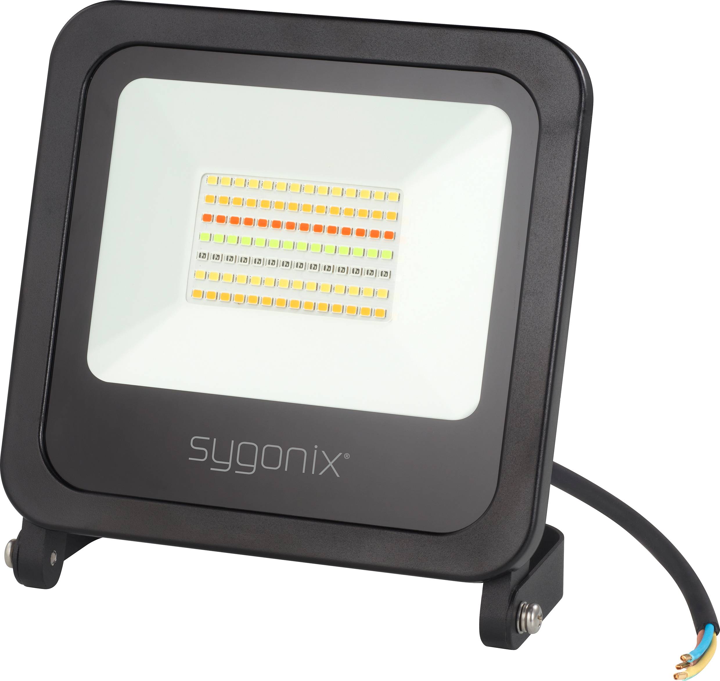En LED-strålkastare med ett rektangulärt, svart hölje och vita samt färgade lysande element på framsidan.