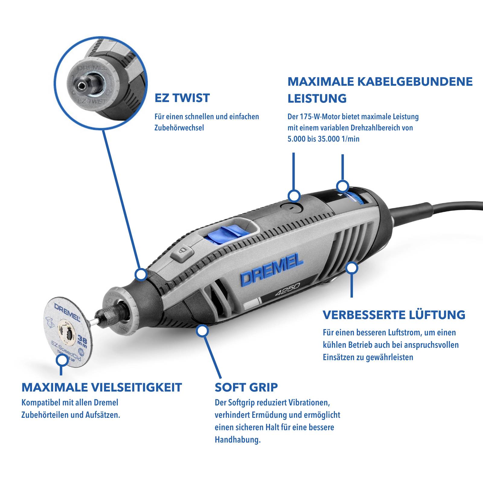 En Dremel-rotationsverktyg med sladd visas, omgiven av texter som framhäver funktioner som mjuk grip, EZ Twist och förbättrad ventilation.