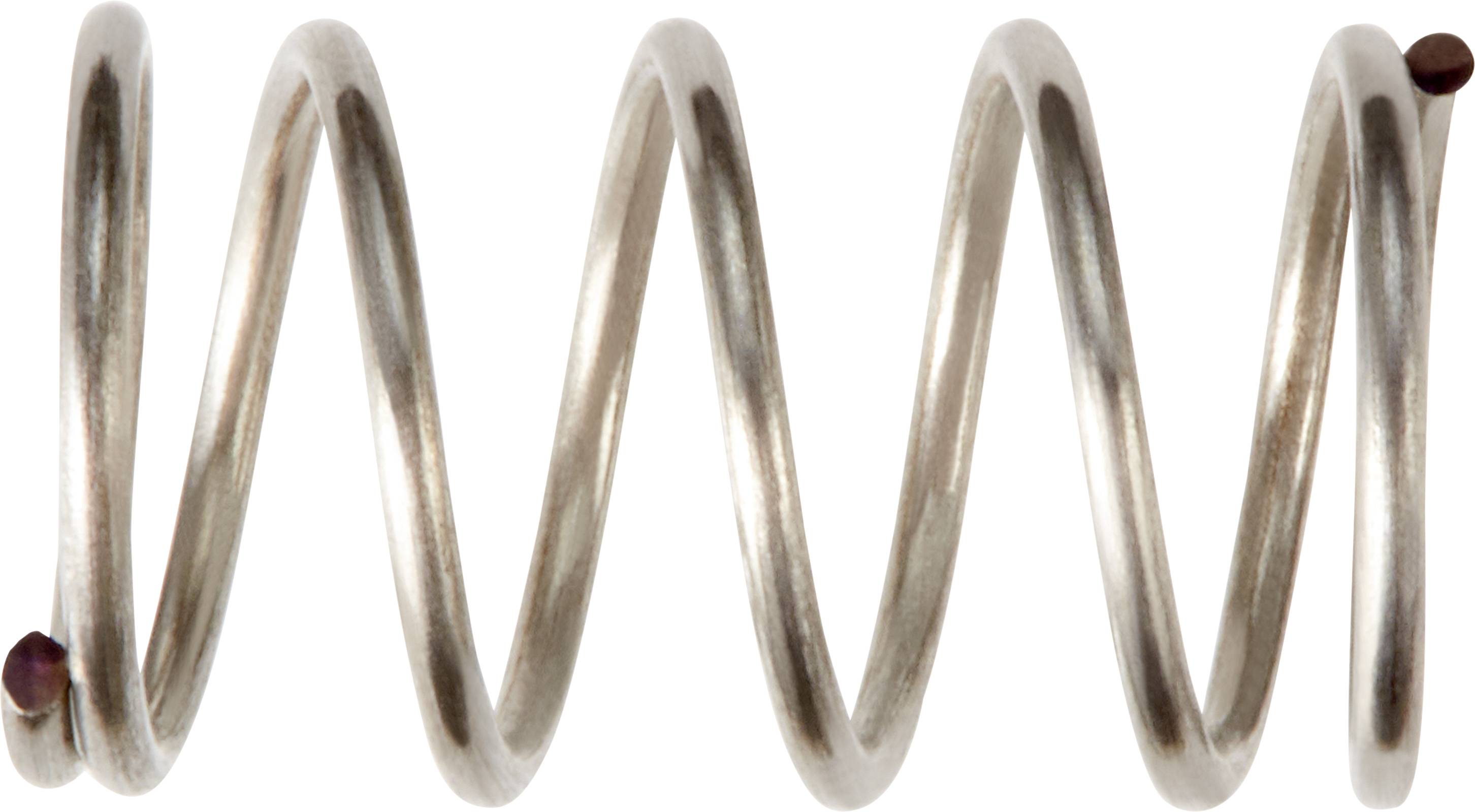 En silver skruvfjäder med jämna varv som löper lätt diagonalt från vänster nedre hörn till höger övre hörn.