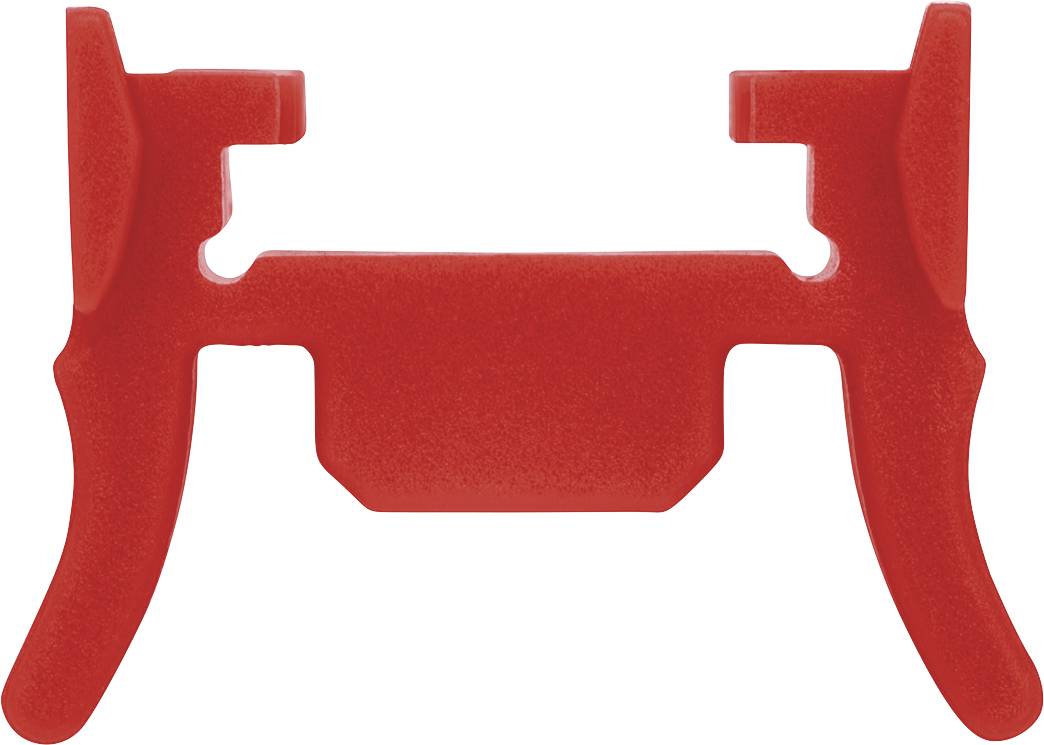 En röd, plastliknande del med symmetriskt design och svängda ändar, möjligen ett förbindningselement eller en fäste.