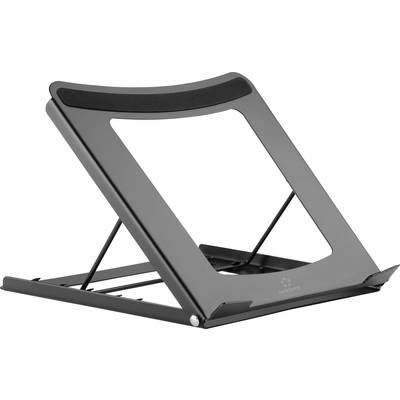 En justerbar laptopställning i metall med svart ovansida, lämplig för att förbättra ergonomin på arbetsplatsen.