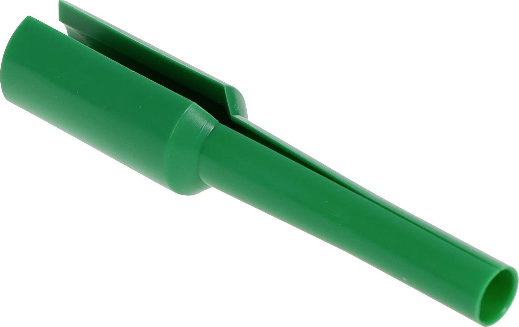 Grön plasttratt med en smal pip och en bred öppning, använd för att hälla vätskor i behållare med små öppningar.