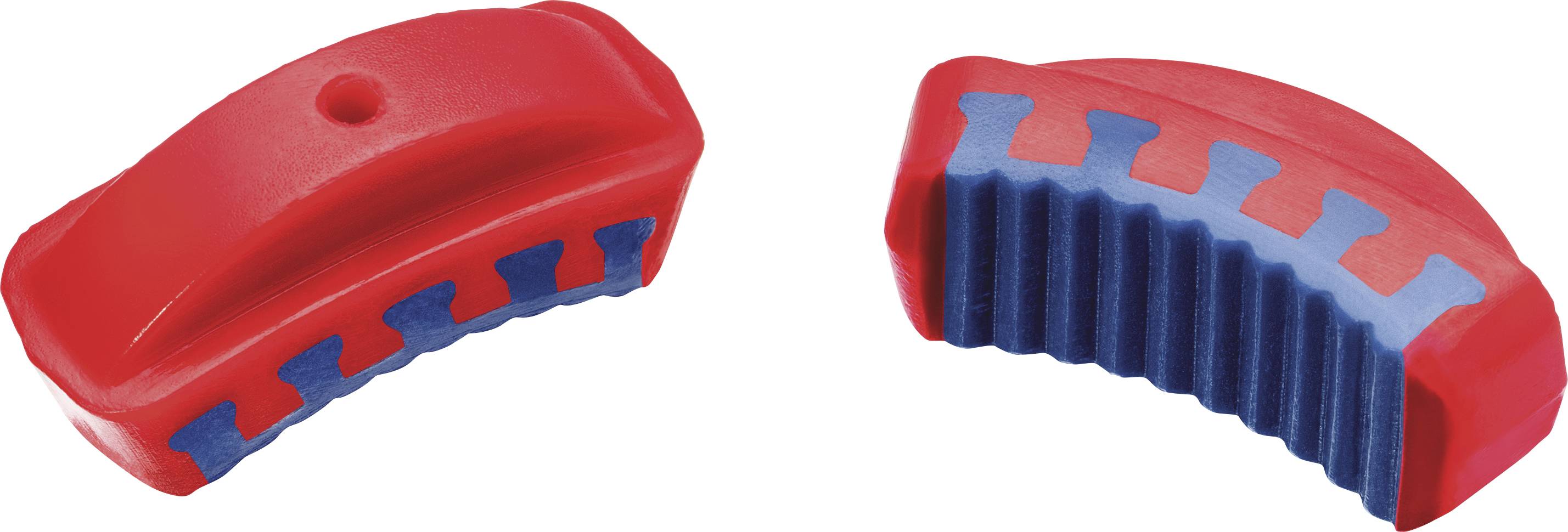 Två röd-blå, bågeformade objekt med räfflade blå partier i mitten, som möjligen kan fungera som handtag eller ergonomiska verktyg.