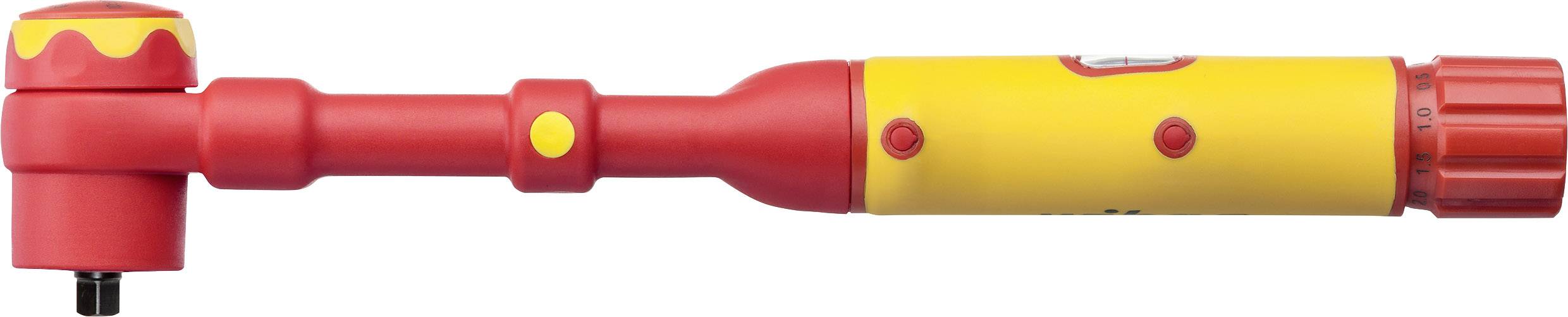 Röd och gul, cylinderformad leksaksverktyg för barn med handtag och vinklad topp, sannolikt en leksaksborrmaskin.