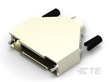 En rektangulär, beige kontakt med metallstift och svart handtag, lämplig för elektroniska anslutningar.