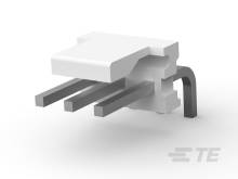 En vit plastanslutning med tre metallstift, typiskt använd i elektroniska enheter för anslutningar.