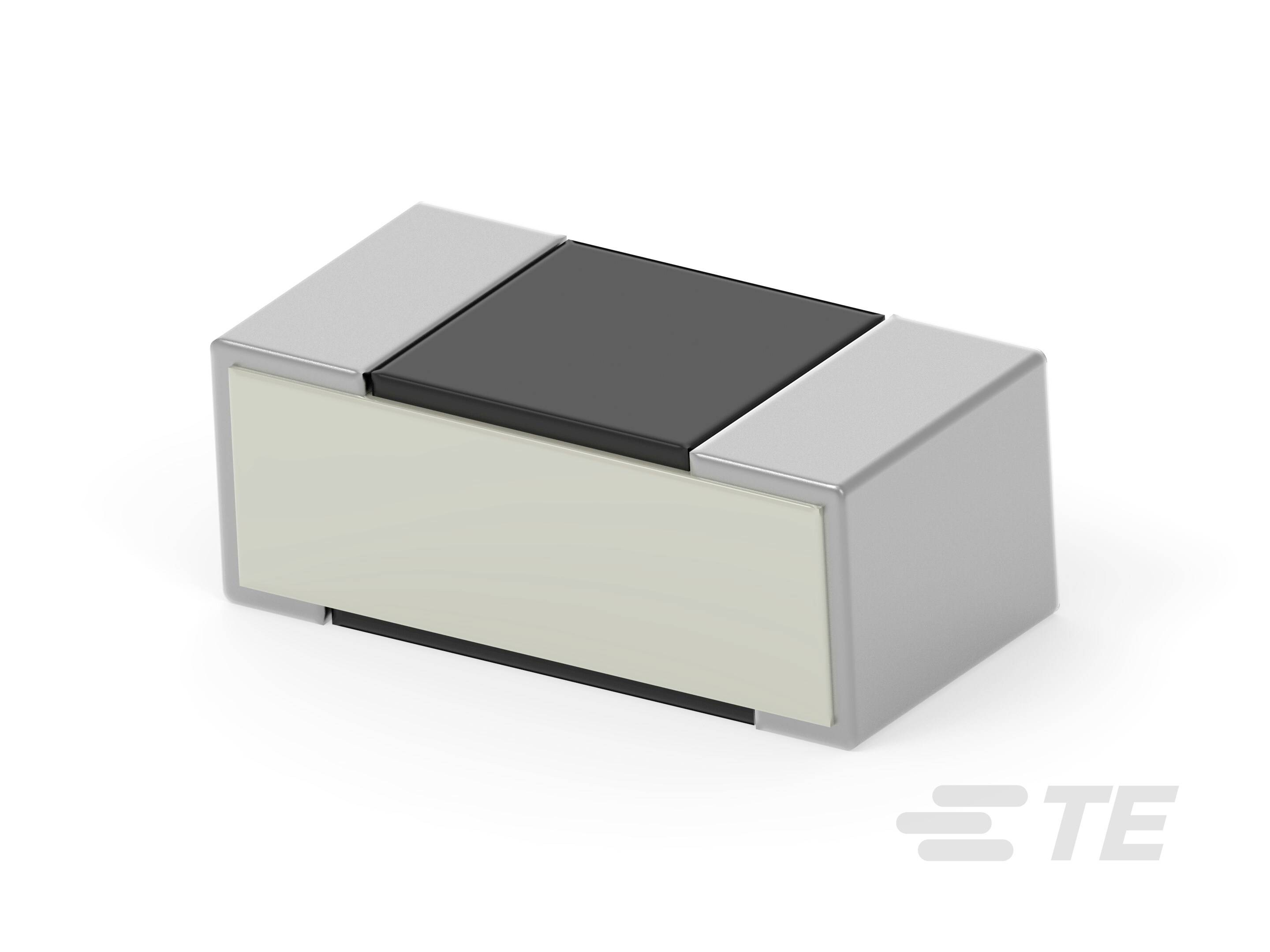 En liten, rektangulär elektronisk komponent med ett svart och vitt hölje, visad i en isometrisk vy.