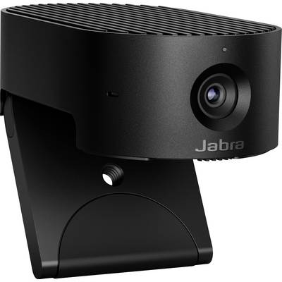 En svart webbkamera från märket 'Jabra'. Den har en modern, rektangulär design och är monterad på ett stativ.