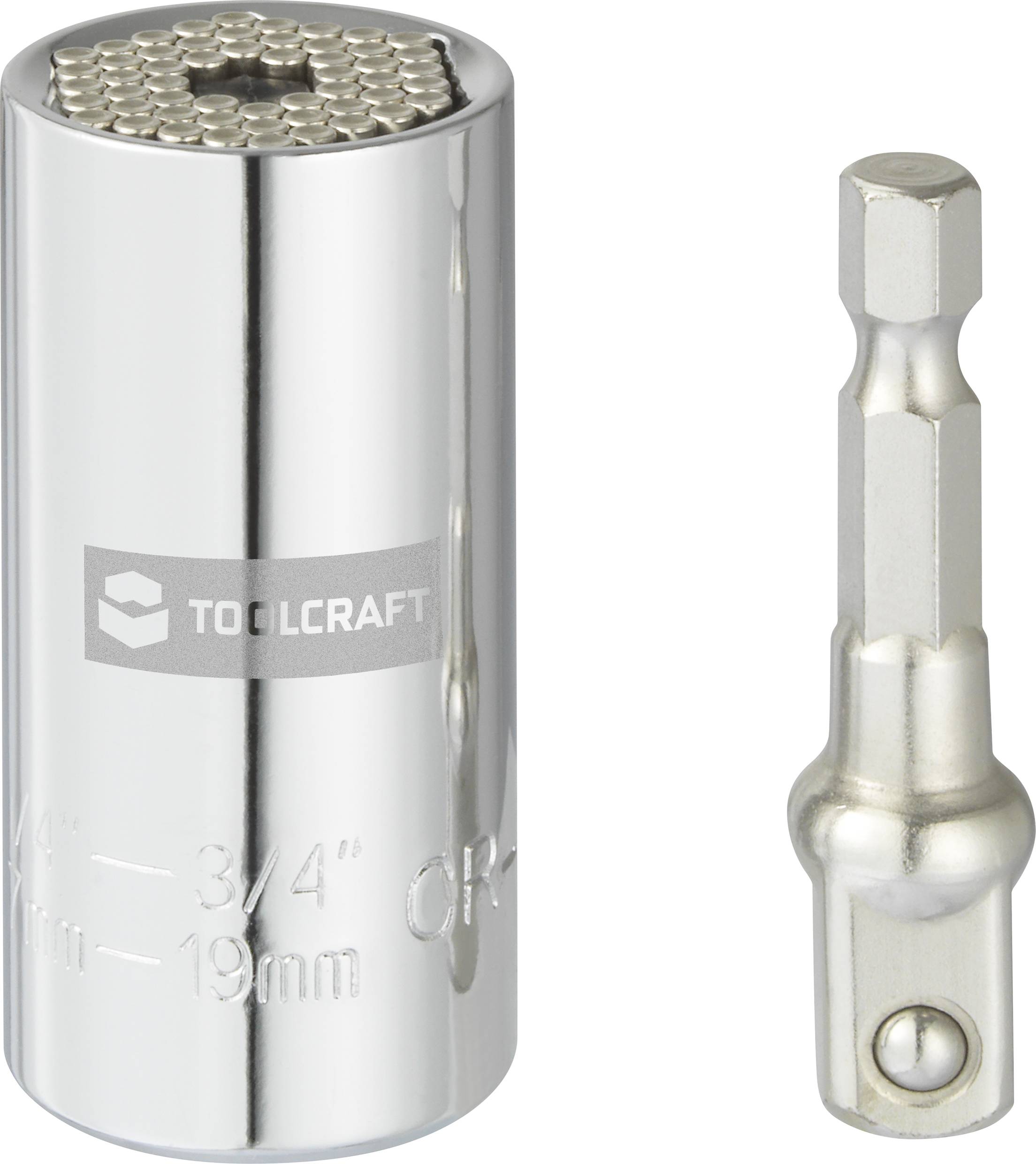 Universell verktygshållare från Toolcraft i blank metall. Till vänster adapter för muttrar, till höger passande hylladapter.