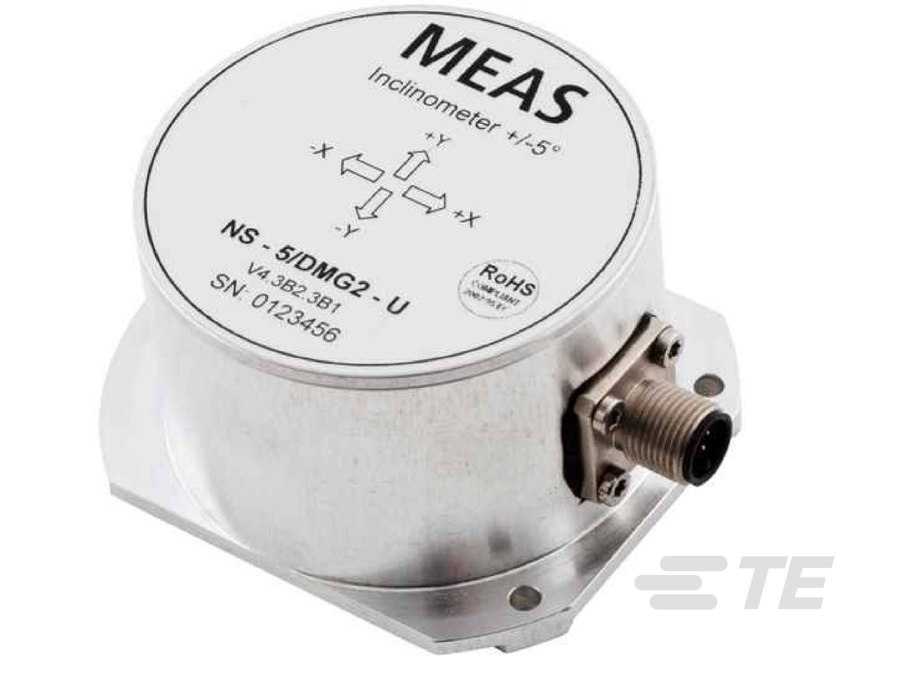En silverfärgad lutningssensor från MEAS, modell NS-5DMG2-U, inklinometerskala ±5°, med anslutningskontakt.