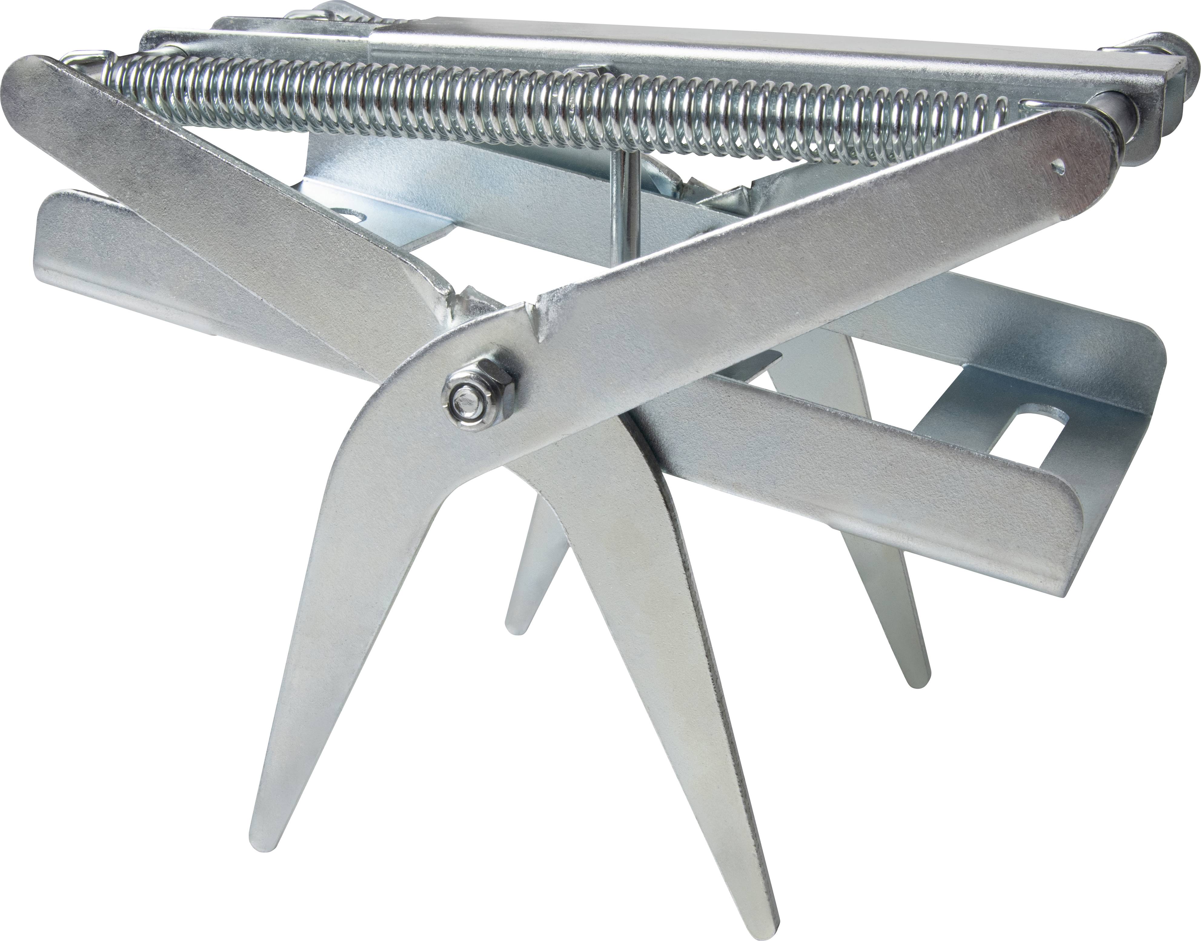 Metallisk lyftmekanism med fyra korsade armar och en fjäder.