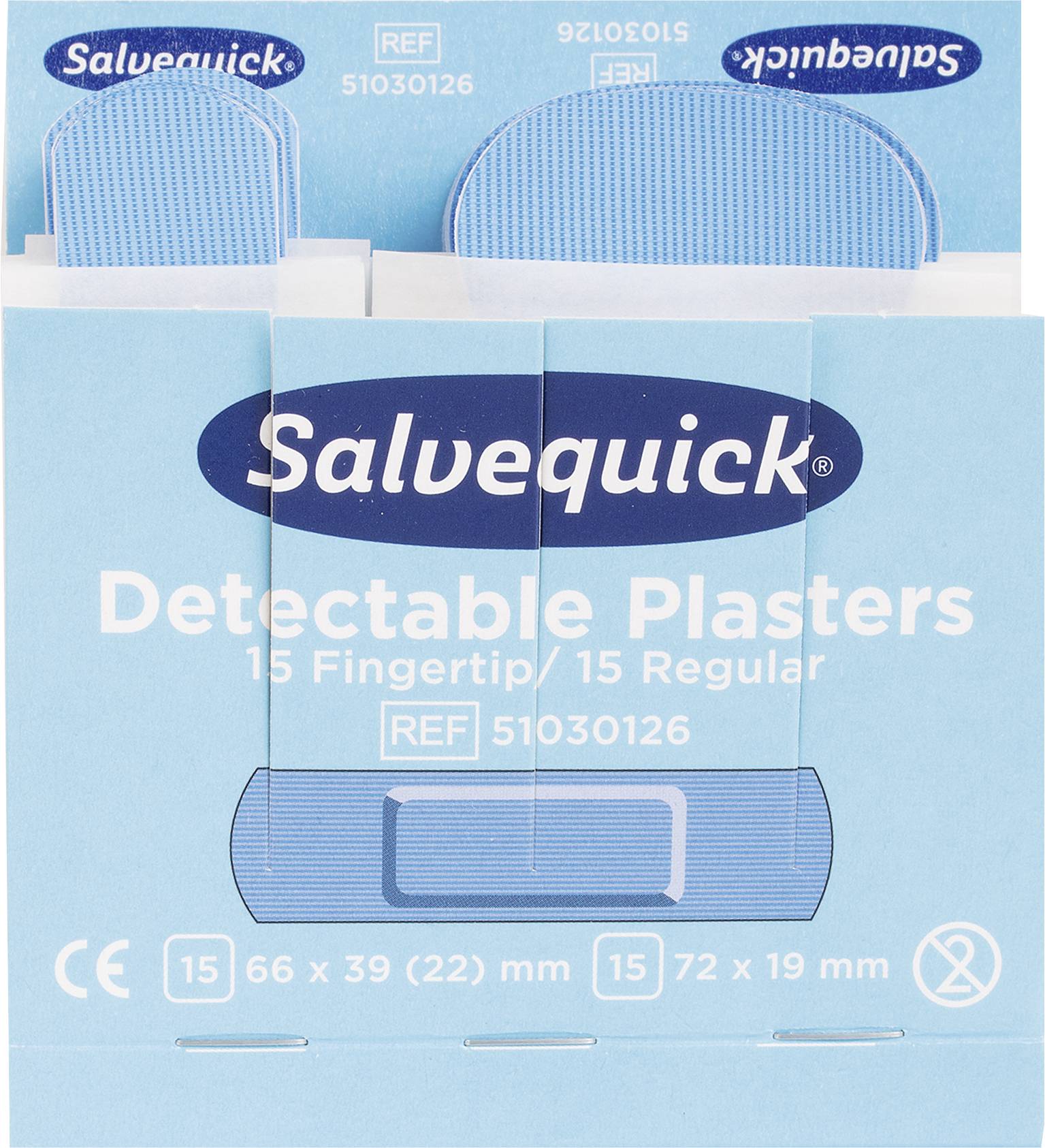 Förpackning för 'Salvequick Detectable Plåster', innehåller 15 fingerplåster och 15 reguljära plåster. Storlek och referensnummer angivet.