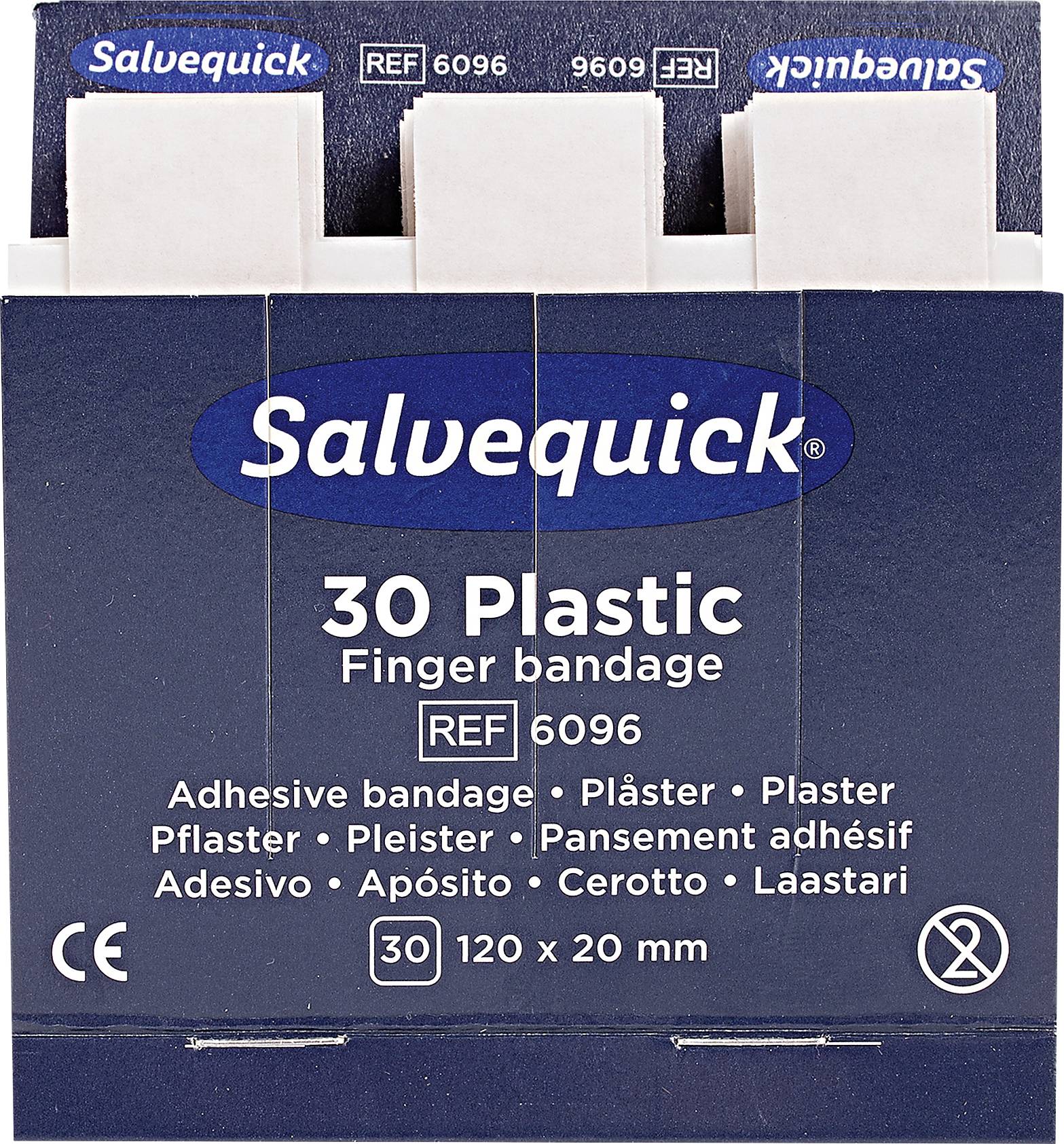 Förpackning av 'Salvequick 30 Plastplåster för fingrar', 30 fingerplåster, referensnummer 6096. Innehåller flerspråkig information.