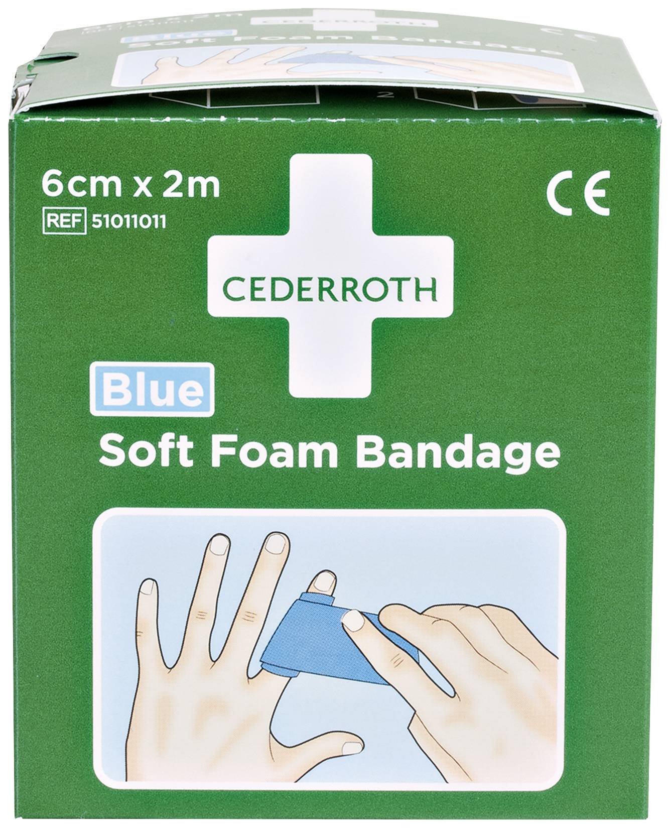 En grön förpackning med texten 'Cederroth Blue Soft Foam Bandage'. En illustration visar hur förbandet lindas brett runt ett finger.