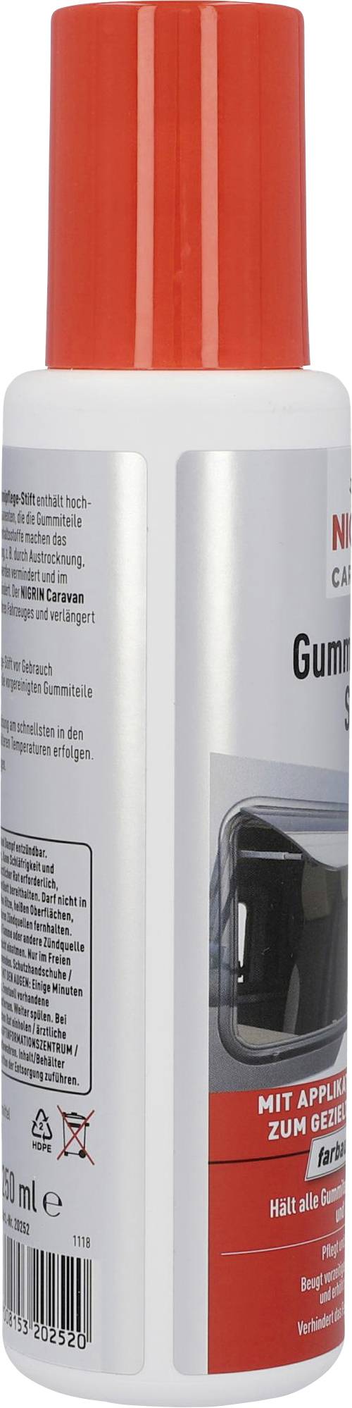 Vit flaska med röd kork, innehåller gummivårdsprodukt. Påskrift 'Gummivårdspenna' och 100 ml.