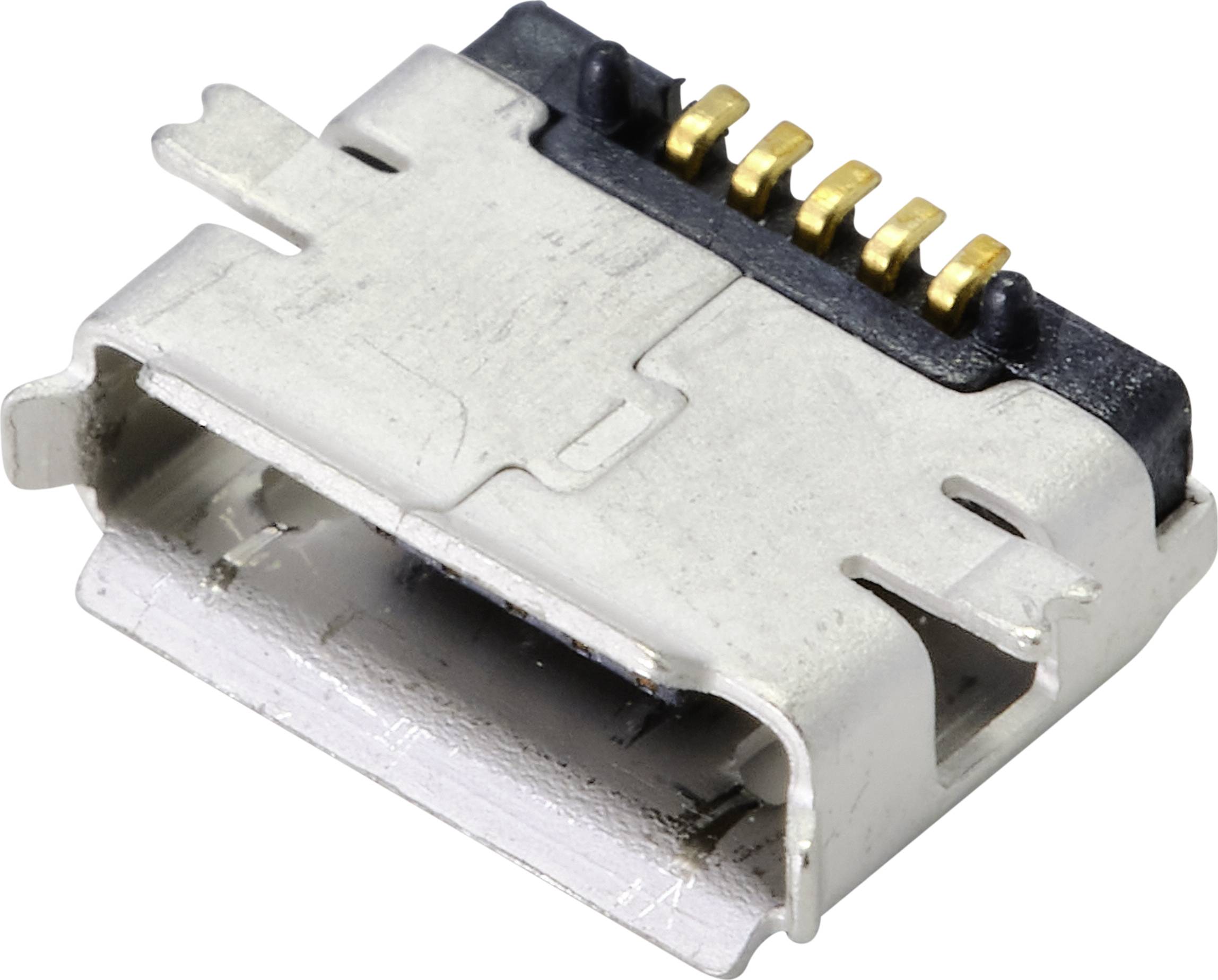Närbild av en USB-micro-kontakt, silverfärgad med guldkontakter, för anslutning av elektroniska enheter.