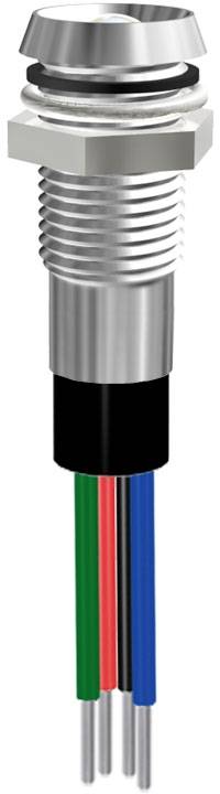 Metallisk kontakt med fyra färgade kablar (grön, röd, svart, blå). Kontaktdon för elektroniska tillämpningar.