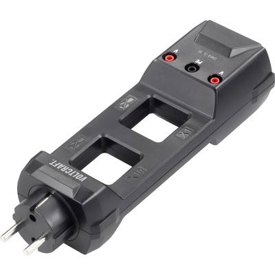 Elektrisk testadapter med kontakt och uttag, märkt med 'Volcraft'. Lämplig för tester med tydlig spänningsindikering.