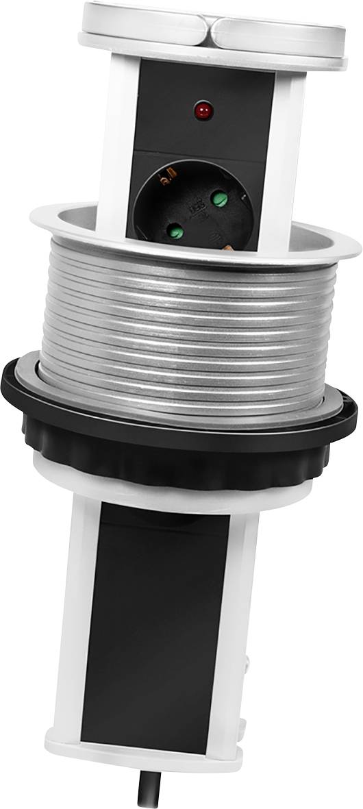 Indragbar grenuttag med tre eluttag och två USB-portar, lämplig för inbyggnad i kök- eller kontorsmöbler.