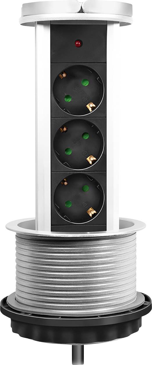 Infällbar grenuttag med tre uttag; lämplig för arbetsytor eller bord.