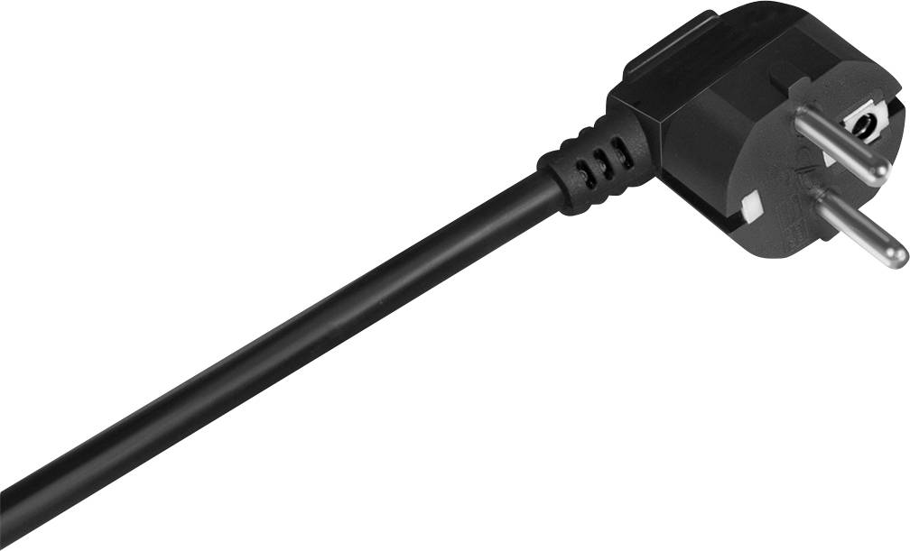 Svart EU-kontakt med två runda stift och en jordningskontakt, ansluten till en svart kabel, på vit bakgrund.