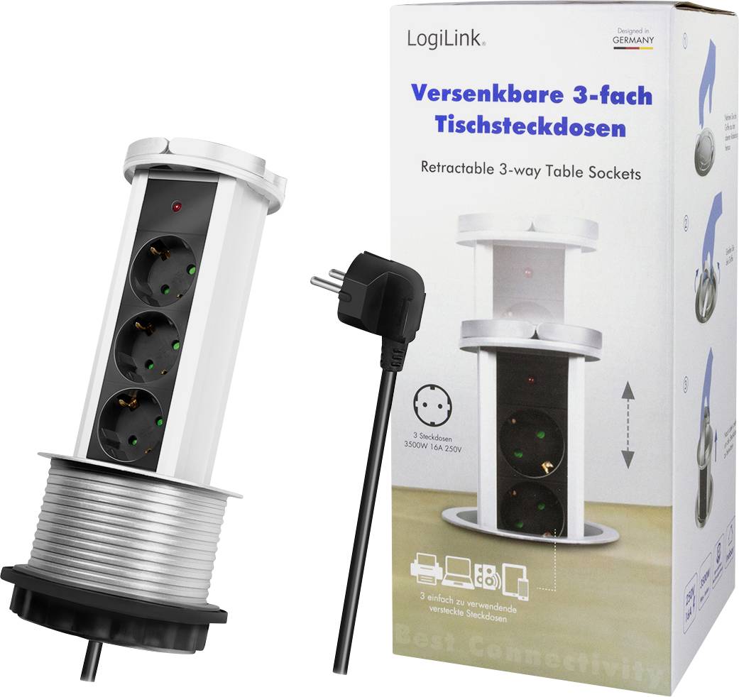 Infällbara 3-vägs bordsuttag från LogiLink, med svart strömkabel och kontakt, lämpliga för bordsmontage, med maximal effekt på 3500W.