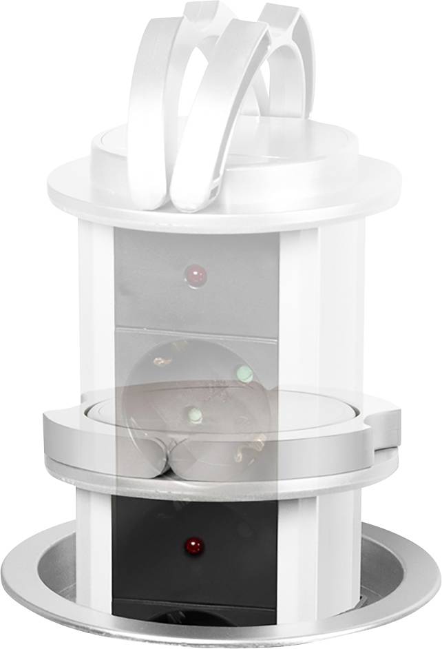 En modern, vertikal dryckeshållare med tre nivåer, var och en med en färgad punkt. Silverfärgade handtag på ovansidan.