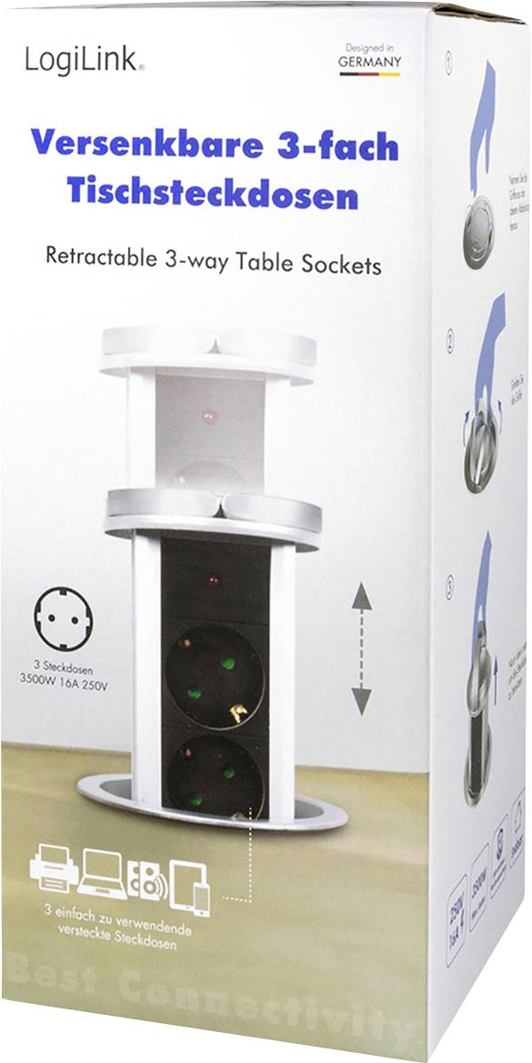 LogiLink nedsänkbar 3-vägs bordseluttag visar ett nedsänkbart uttag med tre platser, lämpligt för 3500W.