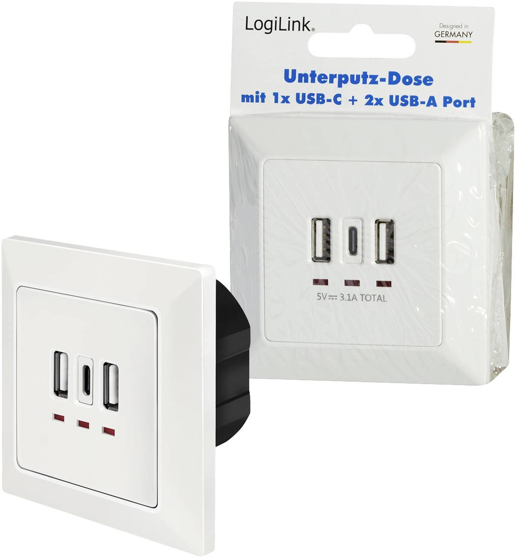 Infälld väggdosa med 1x USB-C och 2x USB-A portar för väggmontering, förpackning och produkt synlig, maximal utgångseffekt 5V, 3.1A.