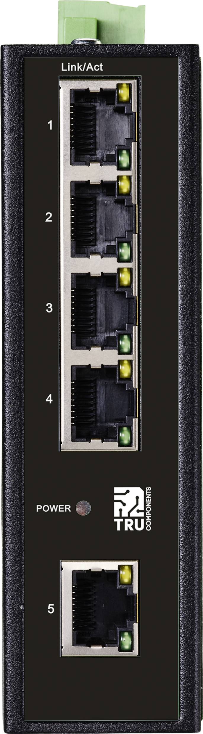 En svart nätverksswitch med fem Ethernet-portar, numrerade från 1 till 5, och en Power LED-indikator. Ovanpå står det 'Link/Act'.
