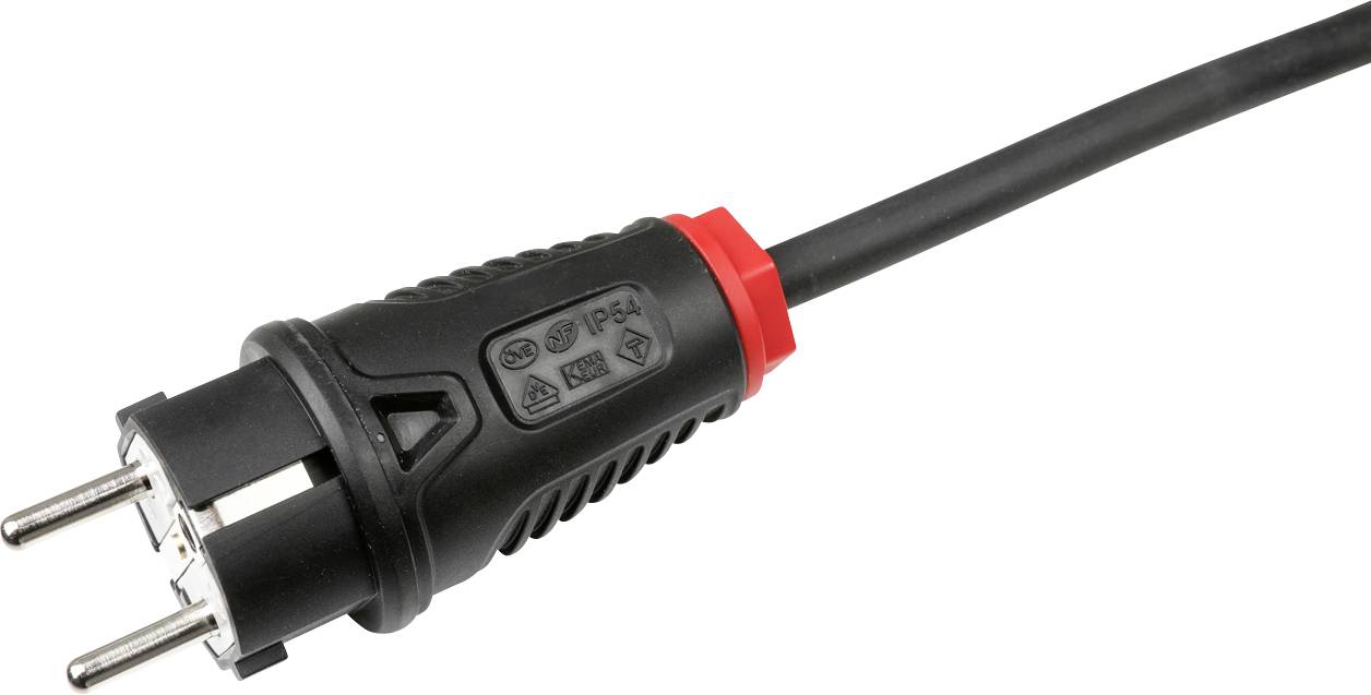 Svart kontaktstift med europeisk standard och röd ring, lämplig för elektriska apparater.