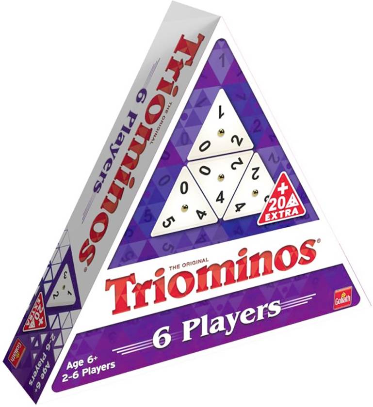 Triominos-spelförpackning, trekantiga lådan för 2-6 spelare från 6 år. Innehåller 20 extra brickor.