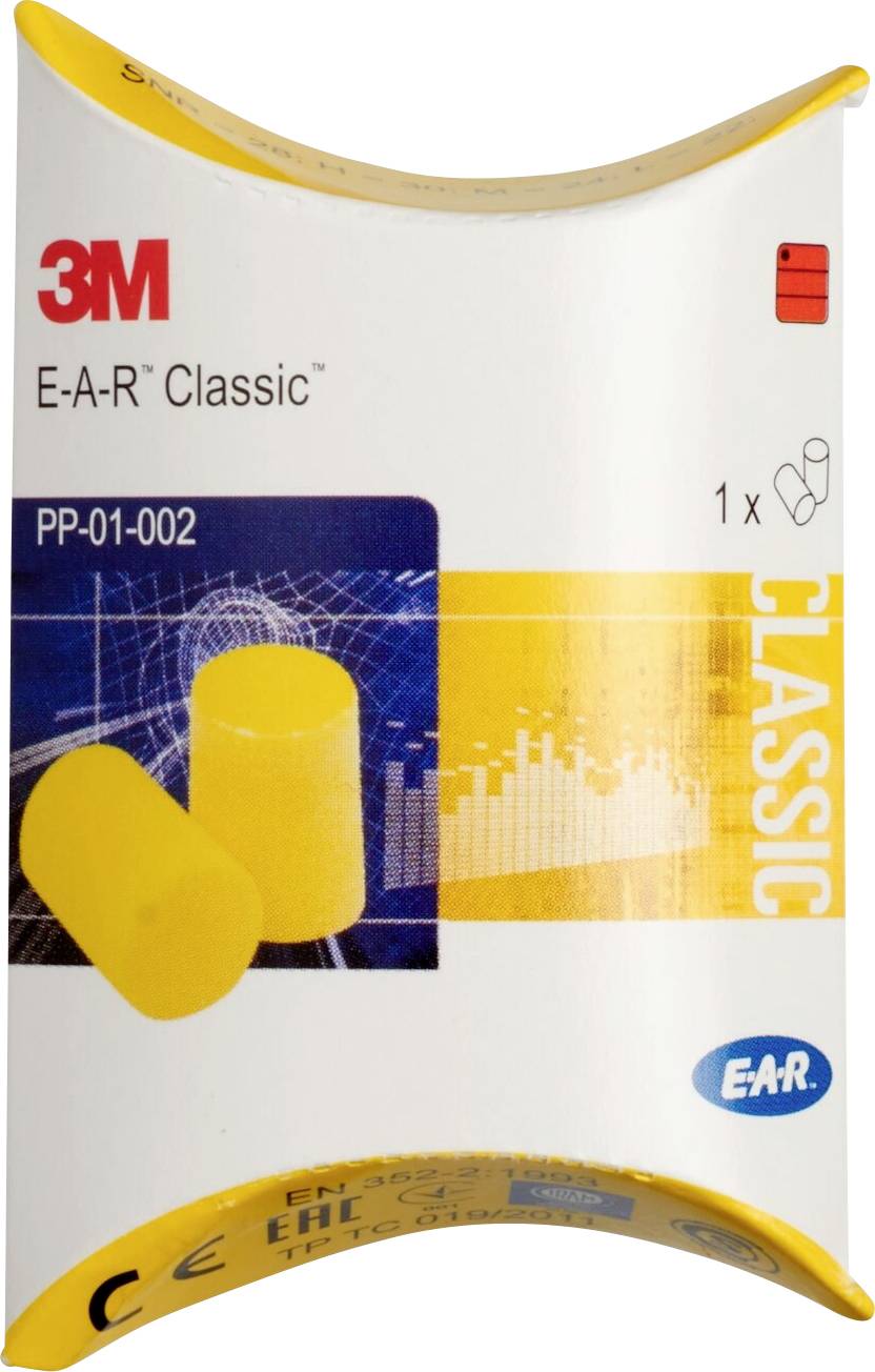 Gul öronproppsförpackning från 3M med texten 'E-A-R Classic', som visar ett par gula öronproppar och grafiska element.