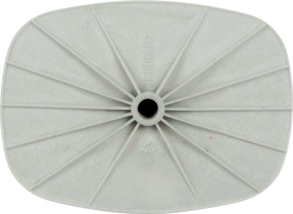Grå plastdetalj med oval form, centralt hål och radiella räfflor. Funktionen oklar, möjligen en komponent eller lock.