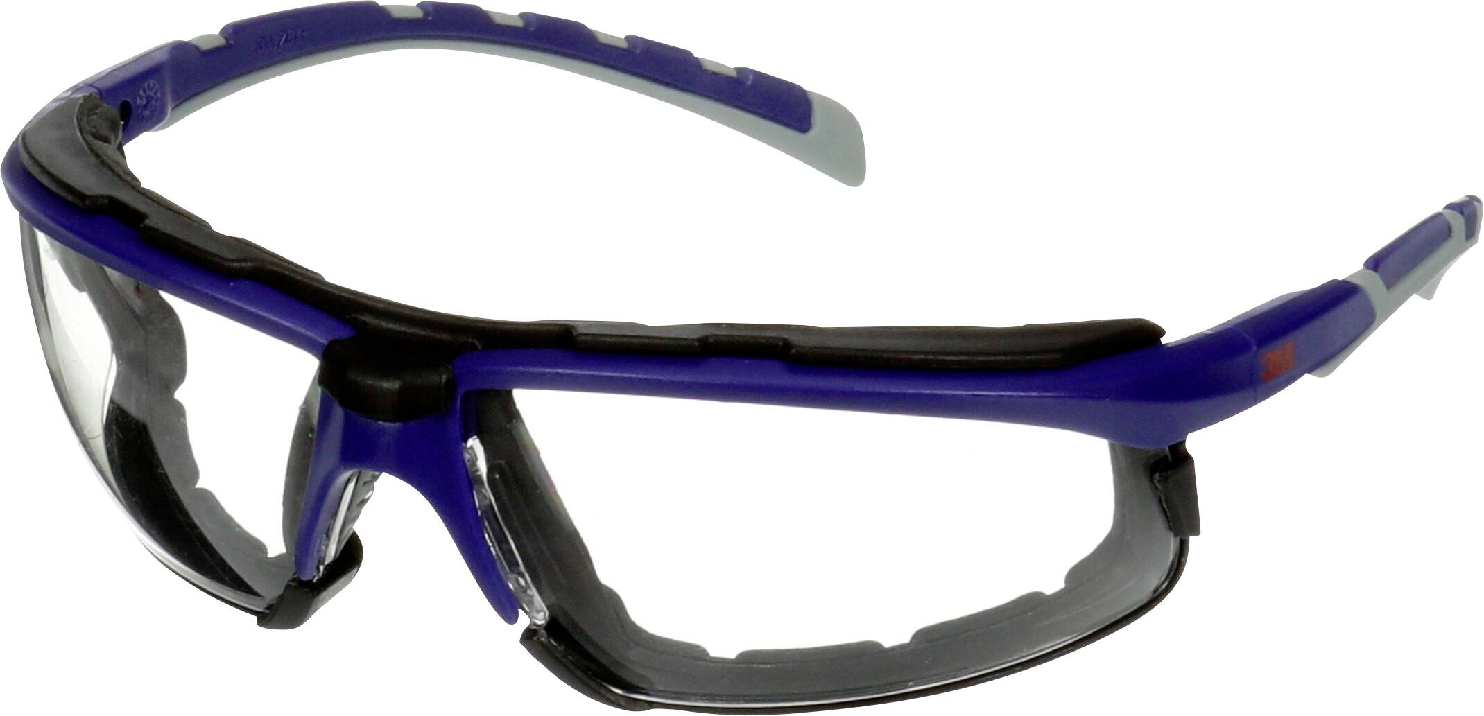 Skyddsglasögon med mörkblå ram och klara glas. De erbjuder sidoskydd och är lämpliga för arbete i farliga miljöer.