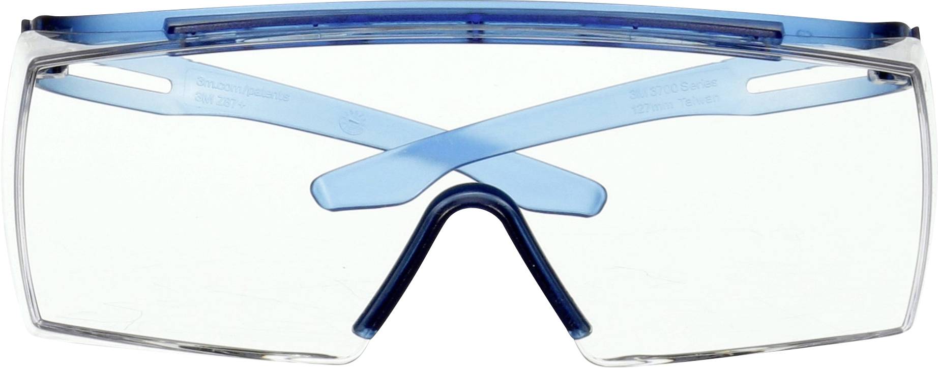 Skyddsglasögon med klart, genomskinligt glas och blå bågar. De erbjuder ögonsskydd vid arbeten eller laboratorieaktiviteter.