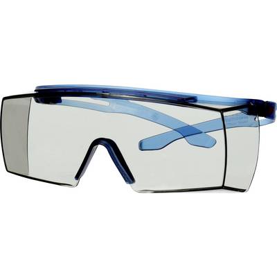 Skyddsglasögon med blå ram och klara glas; används för att skydda ögonen vid arbete med potentiellt farliga material.