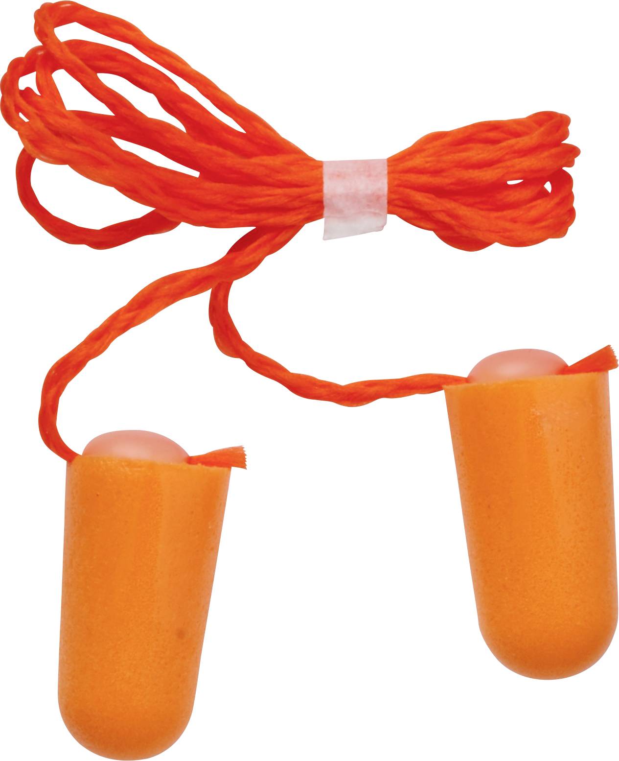 Orange skumöronproppar med tillhörande band, avsedda för bullerdämpning.