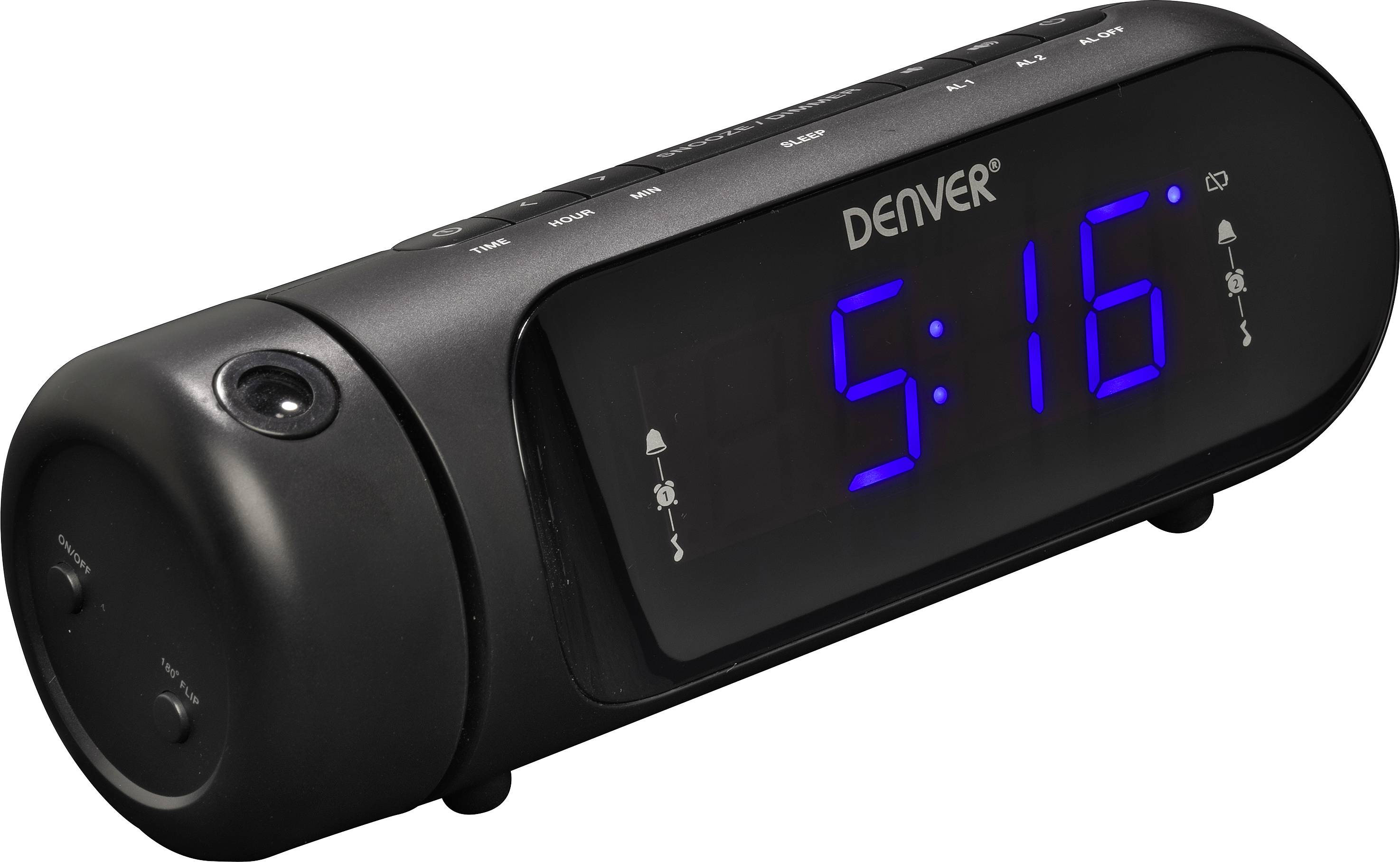 Svart radioväckarklocka med blå lysande digitalskärm visar tiden 5:16.