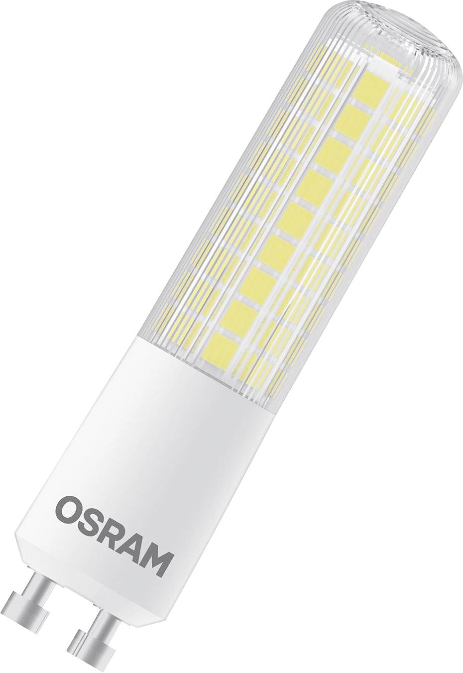 En LED-lampa med G9-sockel från Osram, cylindrisk form, delvis transparent hölje, synliga gula LED-element.