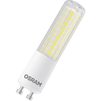 En LED-lampa med G9-sockel från Osram, cylindrisk form, delvis transparent hölje, synliga gula LED-element.